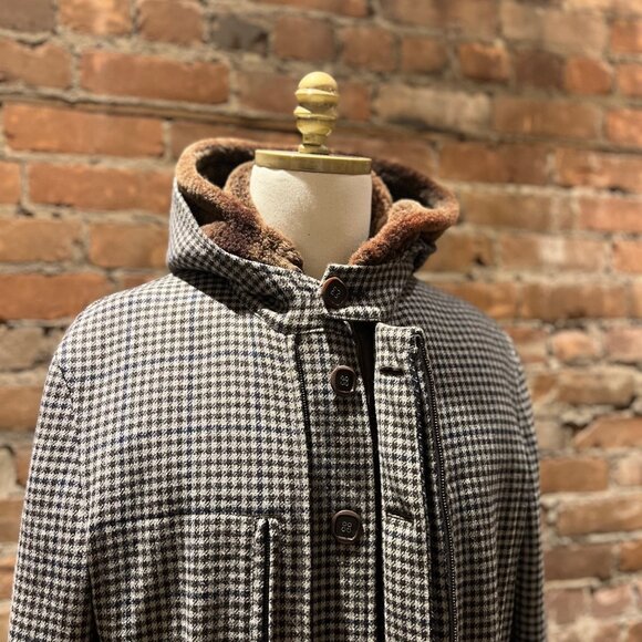 ETRO Milano Wool Blend Houndstooth Coat with Shearling Hood - Picture 3 of 14